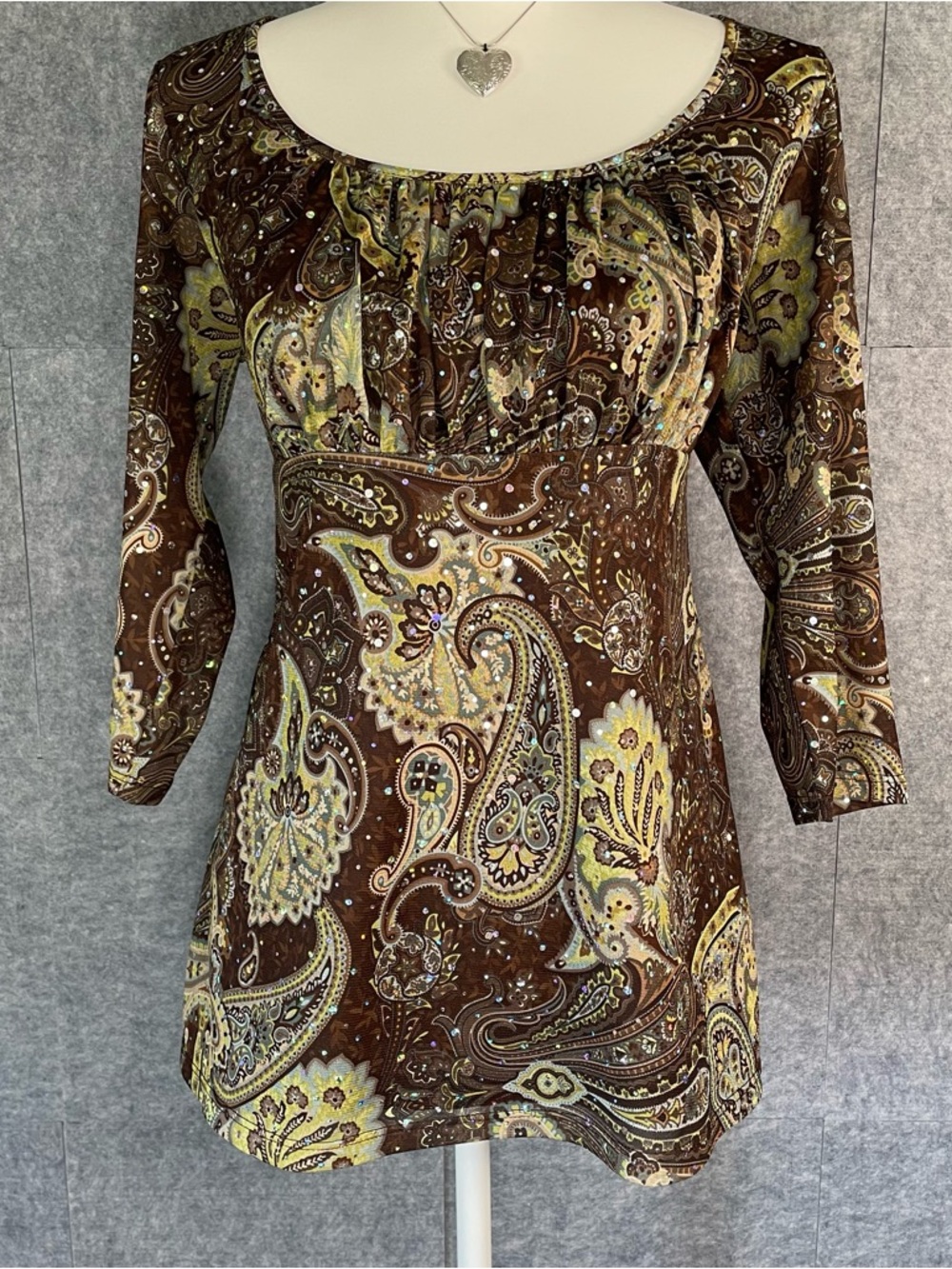 INC Paisley Sequin Empire Waist Tunic Top Brown Y2K Size Large